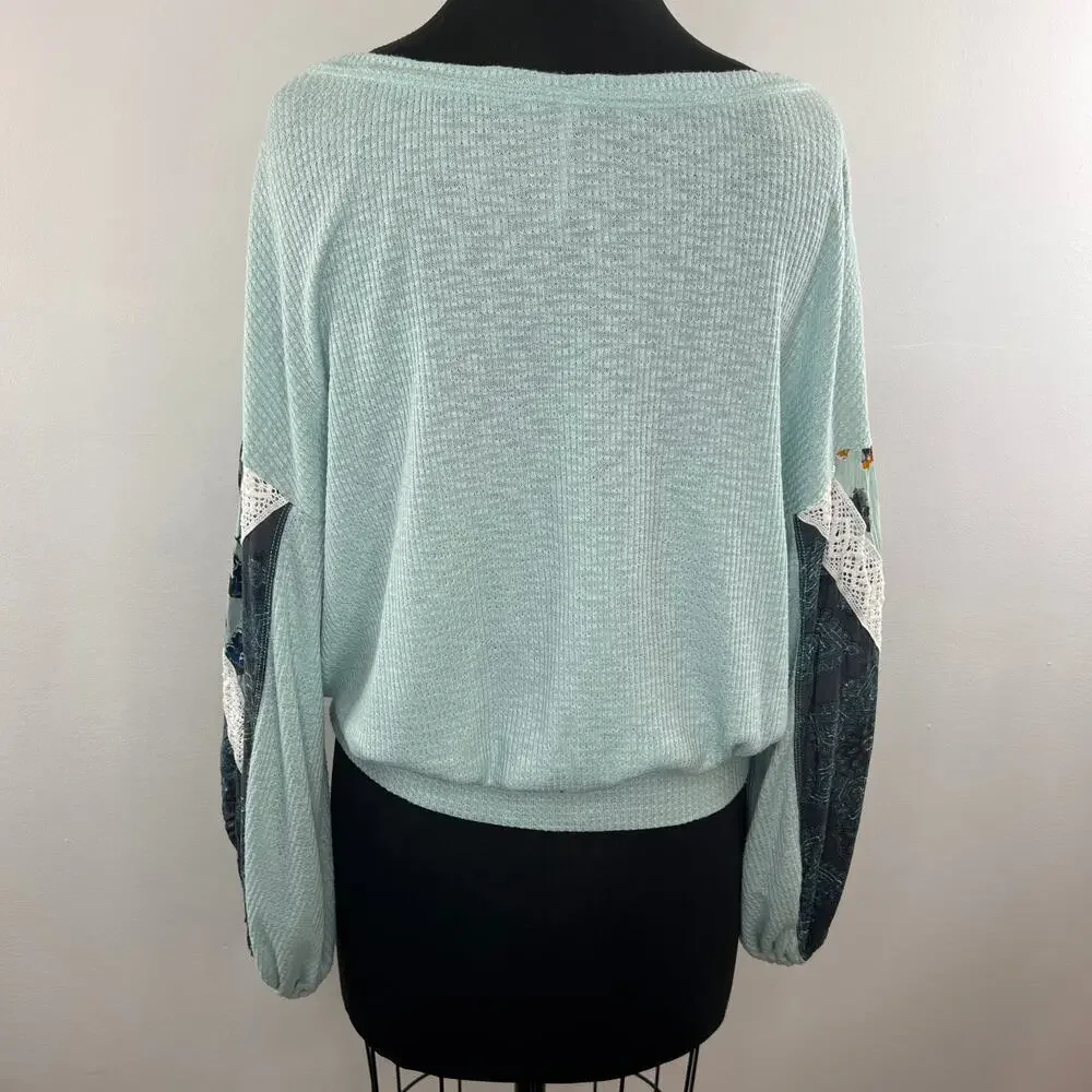 FREE PEOPLE Mint Blue Floral Printed Lace Trim Knit Pullover Shirt Top Boho XS